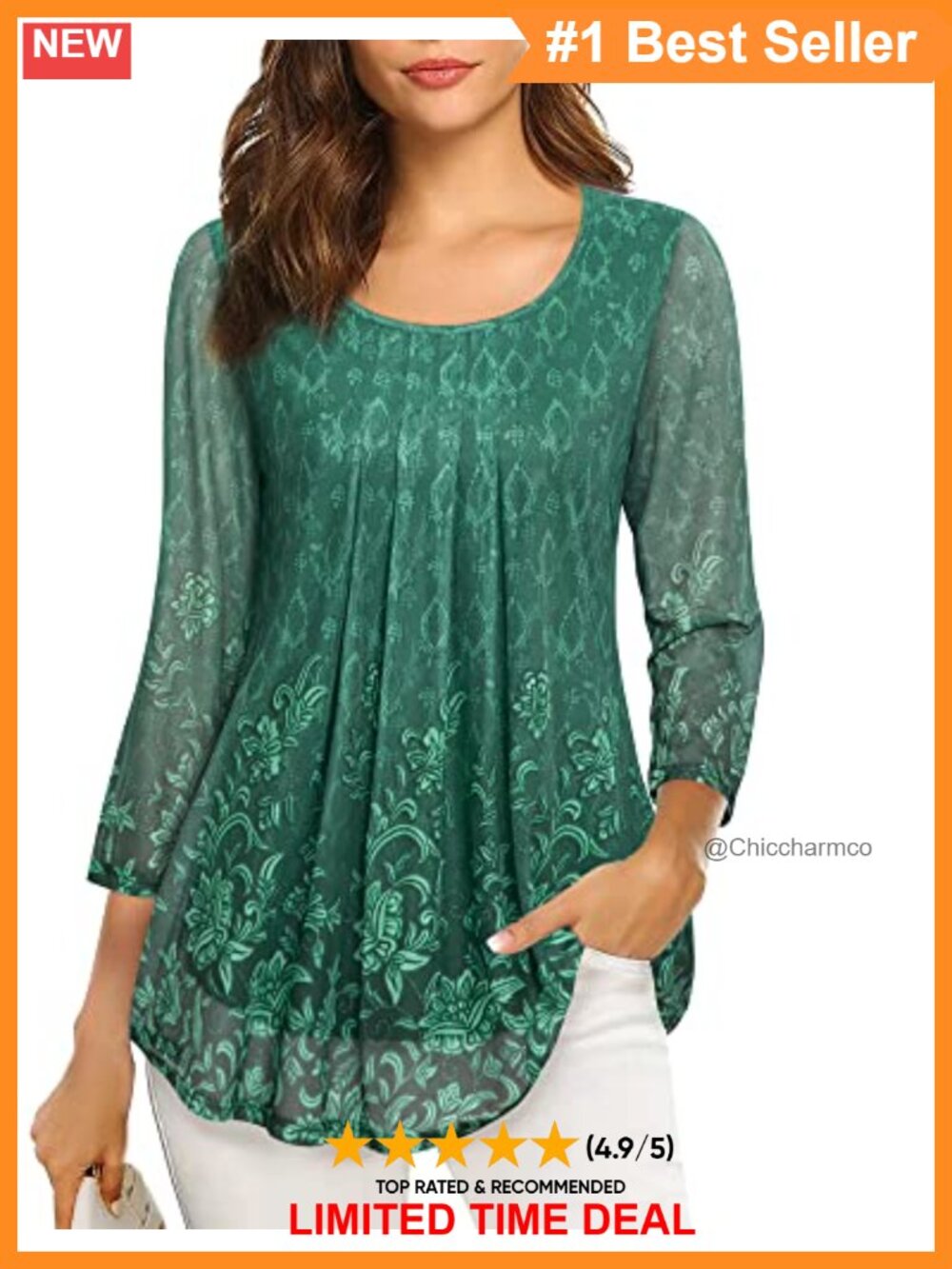 Women's 3/4 Sleeve Tunic Top Mesh Pleated Layered Blouse Loose Fit